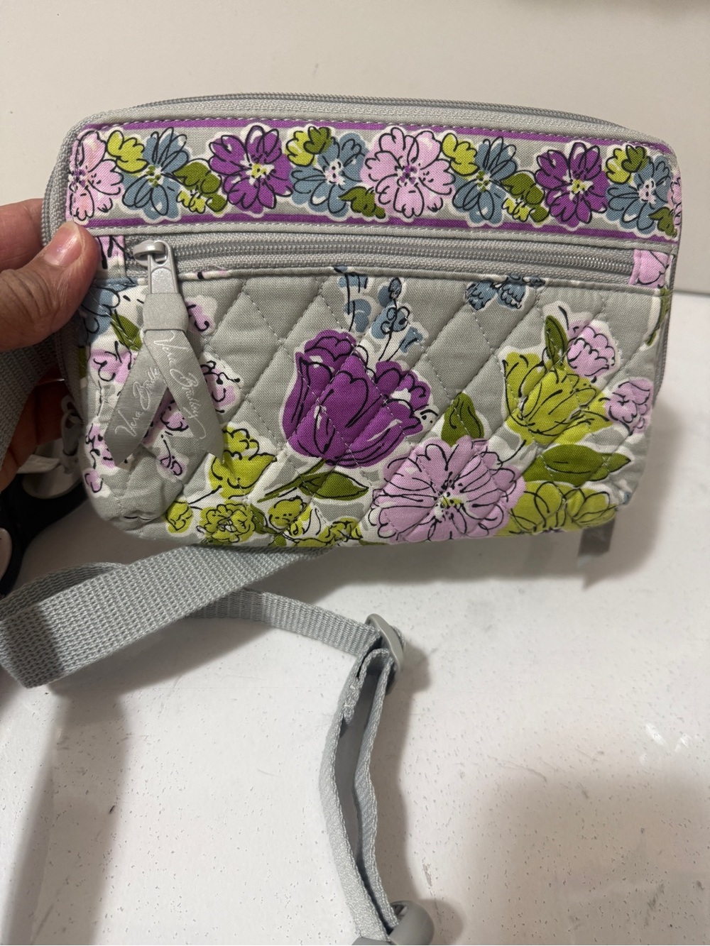 Vera Bradley Floral Quilted Crossbody Belt Bag - Gray with Purple & Green - Picture 9 of 13
